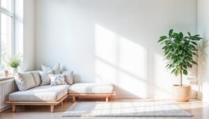 木製フレームのロータイプソファーと観葉植物のあるリビング画像