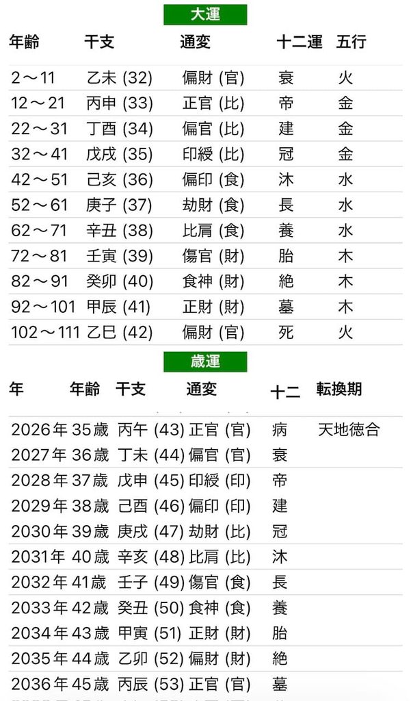 夏帆四柱推命大運画像