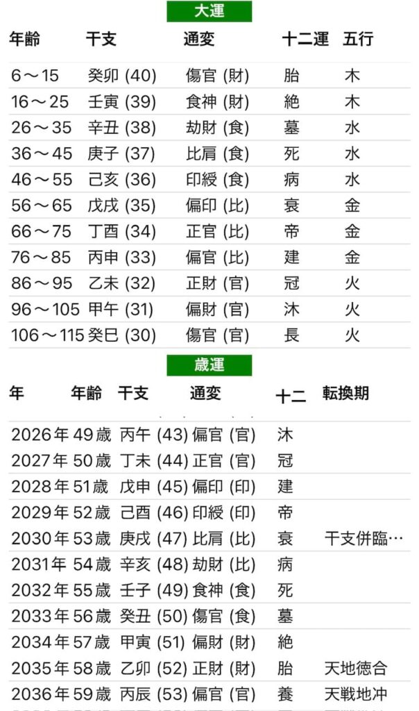 我が家杉山四柱推命大運画像